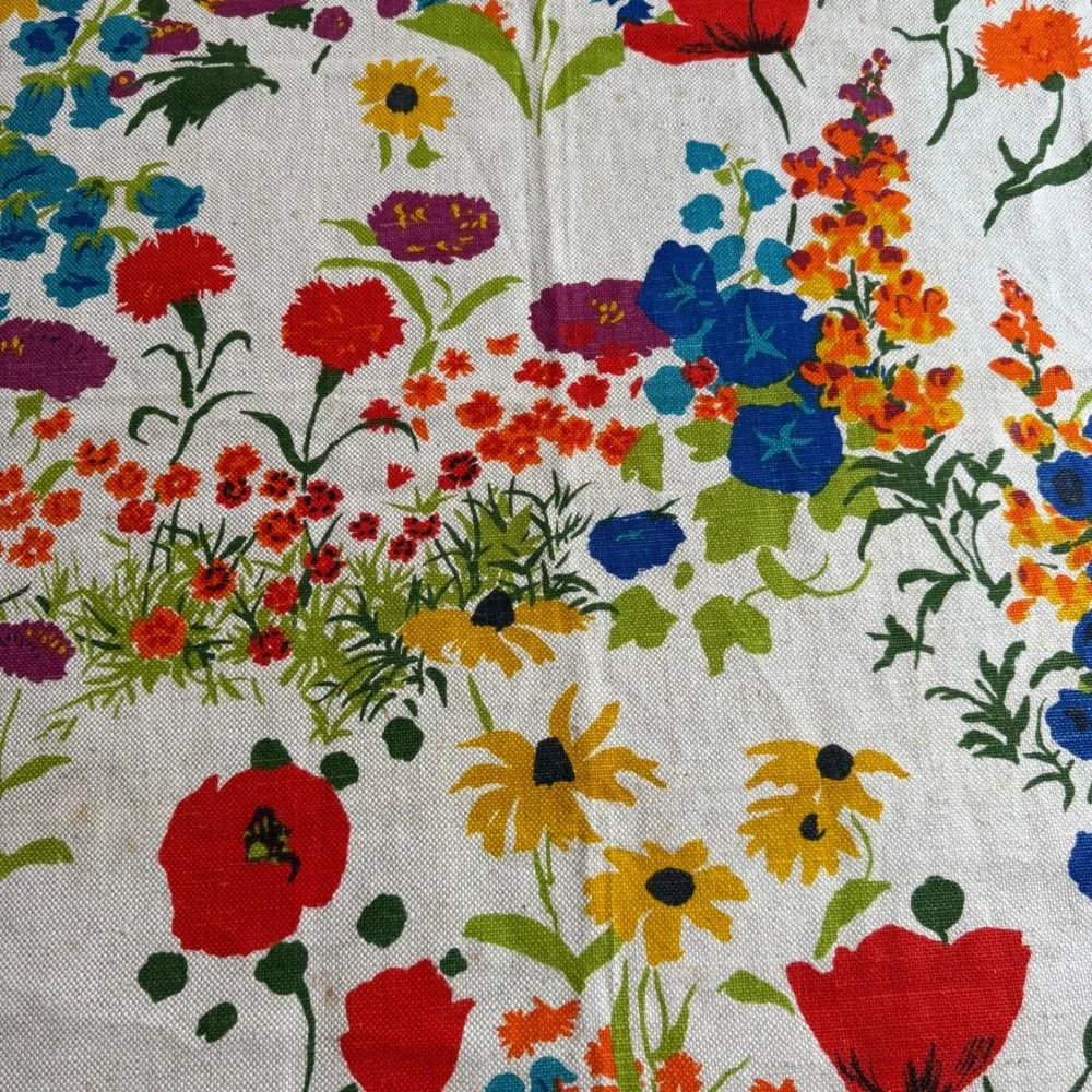 Vintage Small Tablecloth Linen Multi-Color Floral Poppy Sunflower UK Printed